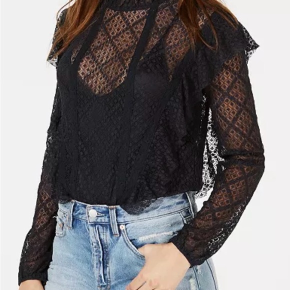 Free People Intimately Tops - Free People Goldie Long-Sleeved Lace Bodysuit, Black, size S
